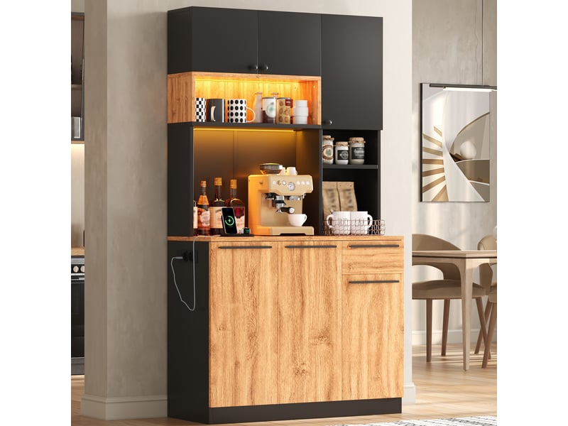  Buffet cuisine 6 portes et 1 tiroir, 100 x 40 x 180 cm, éclairage led, prises, ports usb et étagères réglables, mdf, couleur bois Morn Vibe - Conforama B