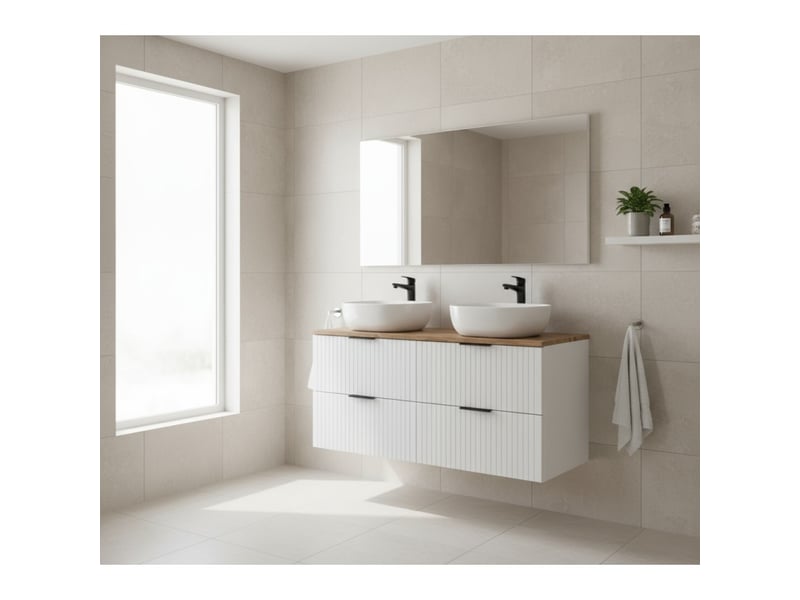  Ensemble de salle de bain noxera 120 cm – blanc mat et chêne – 2 vasques rondes à poser  - Conforama B