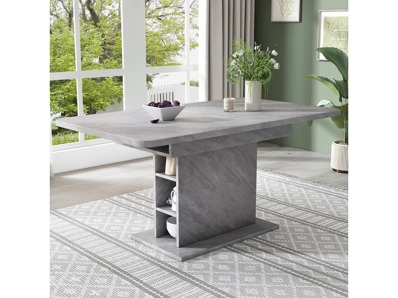 Table à manger extensible, modèle rectangulaire avec rangement intégré, structure panneau de particules et métal, gris – 130 x 70 x 75 cm - Conforama B