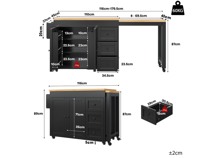 Îlot de cuisine extensible 116-179,5 x 45 x 89 cm, roulettes, 3 tiroirs, étagères latérales, mdf, noir - Conforama C
