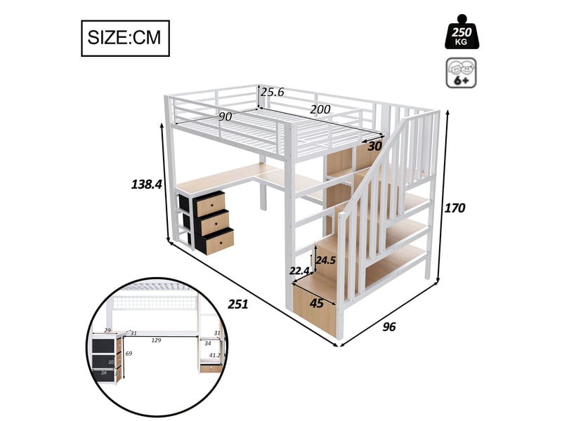 Elvmi lit mezzanine enfant 90x200 cm avec bureau intégré, éclairage led contrôlable par application, escalier de rangement, 4 tiroirs, étagère, grille de suspension, structure en métal et mdf, blanc - Conforama C