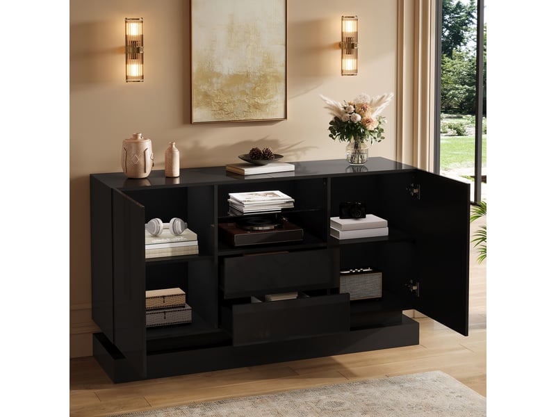  Buffet 2 portes 2 tiroirs avec niche ouverte led pour salon 140×40×80 cm en panneaux de particules noir  - Conforama C