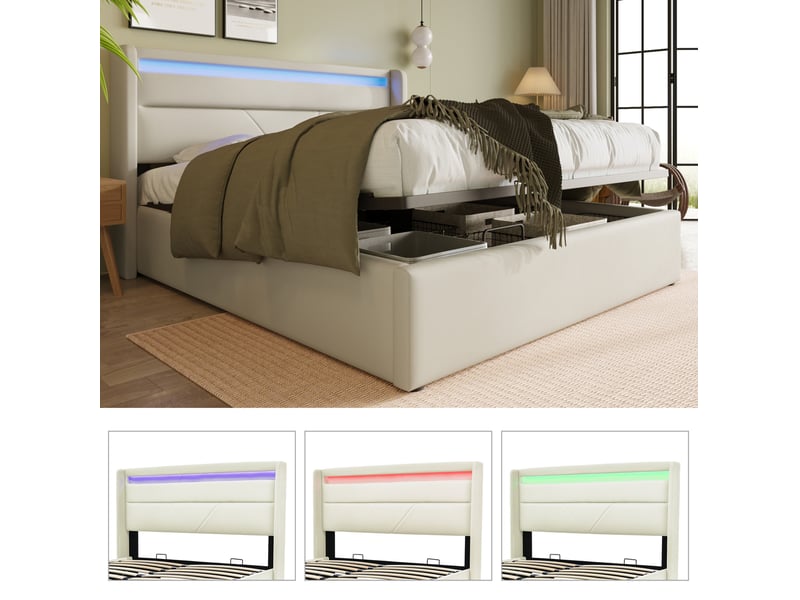  Lit coffre 160 × 200 cm 2 places avec led réglable, rangement hydraulique, matelas inclus, en pu blanc  - Conforama E