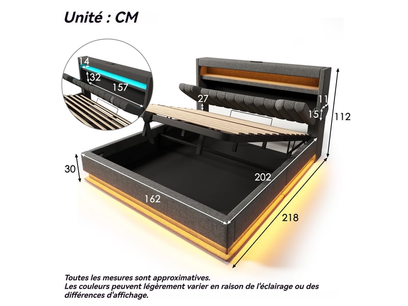 Lit coffre rembourré 160×200cm, tête de lit avec rangement, ports usb, led, tissu lin, lit double, sans matelas, gris - Conforama W