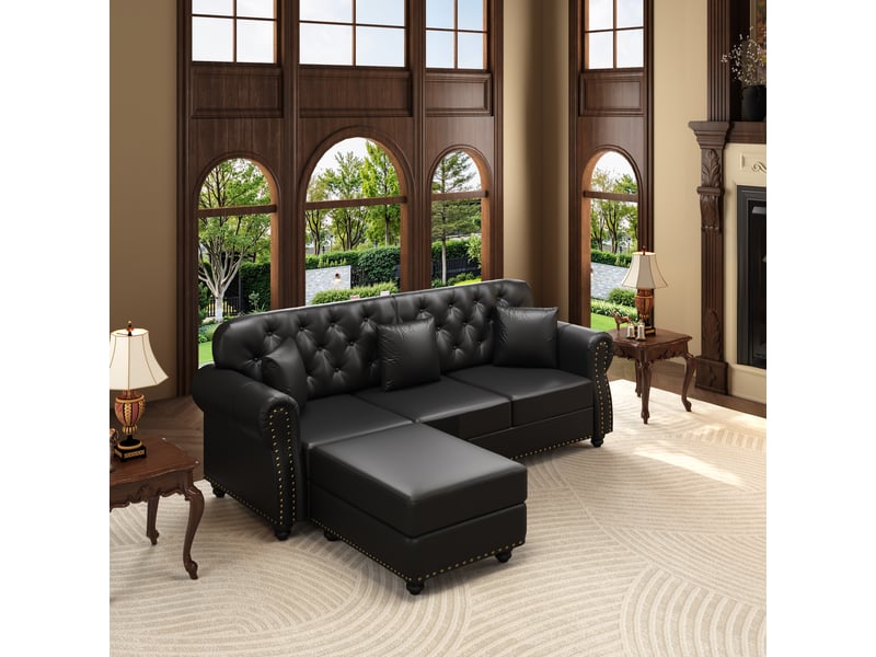 Canapé chesterfield 3 places + 1 pouf en simili cuir noir, 210 cm Fay Lum - Conforama B
