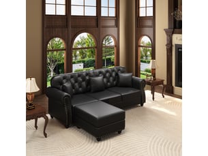 Canapé chesterfield 3 places + 1 pouf en simili cuir noir, 210 cm