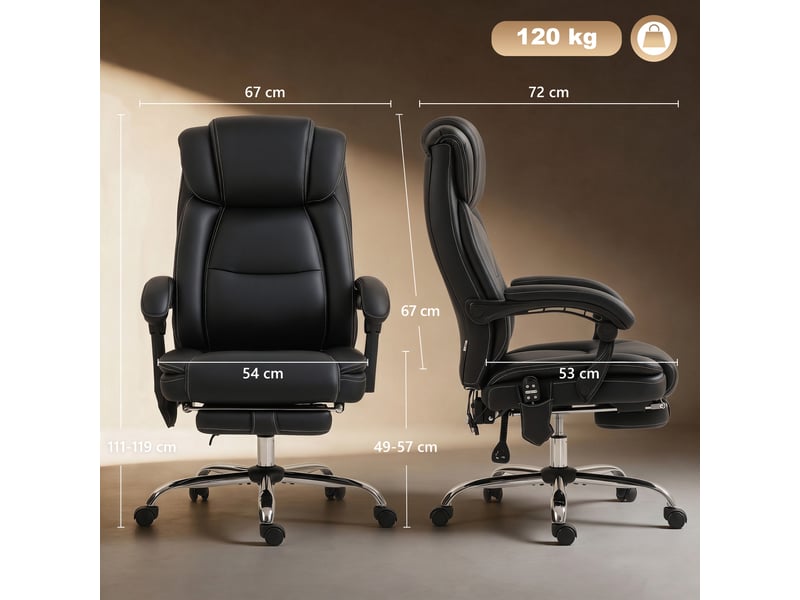  Fauteuil de bureau inclinable en similicuir noir, massant et chauffant, avec télécommande et repose-pieds.  - Conforama E