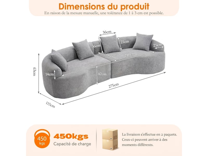  Canapé courbé moderne modulable 4 places en chenille grise - sans montage gain de place  - Conforama C