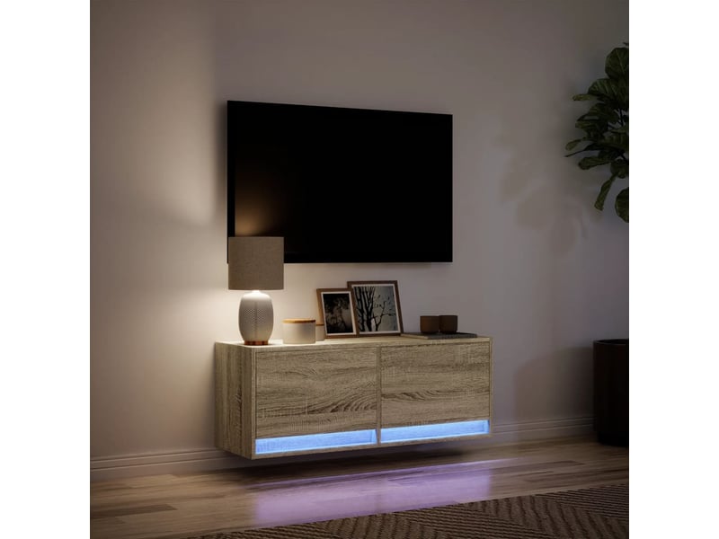 Meuble tv - banc tv - meuble de rangement mural avec lumières led chêne sonoma 100x31x35 cm - Conforama E