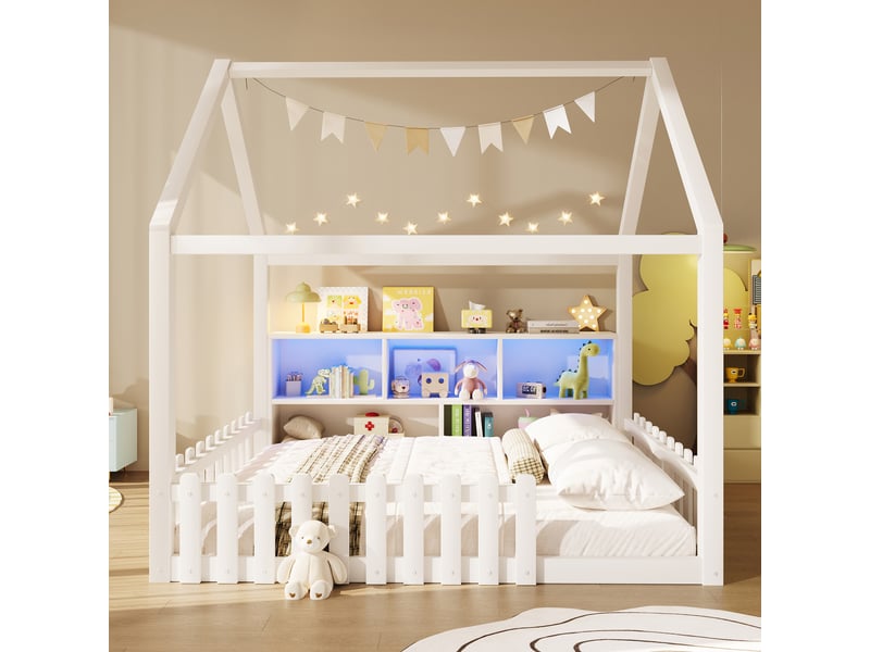  Lit cabane enfant en pin 140x190 cm avec garde-corps, rangements ouverts intégrés et éclairage led, structure mdf, style minimaliste, blanc  - Conforama D