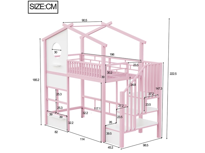 Lit mezzanine enfant 90 x 200 cm en forme de maison, avec escalier de rangement et bande led, rose et blanc - Conforama E