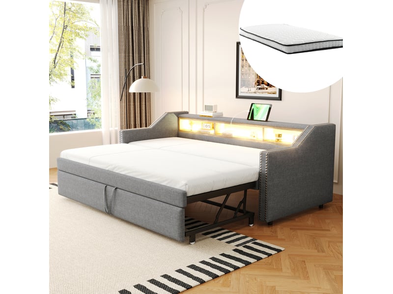  Canapé-lit extensible gris clair 90180 x 190 cm avec led, usb et 2 matelas à ressorts  - Conforama B