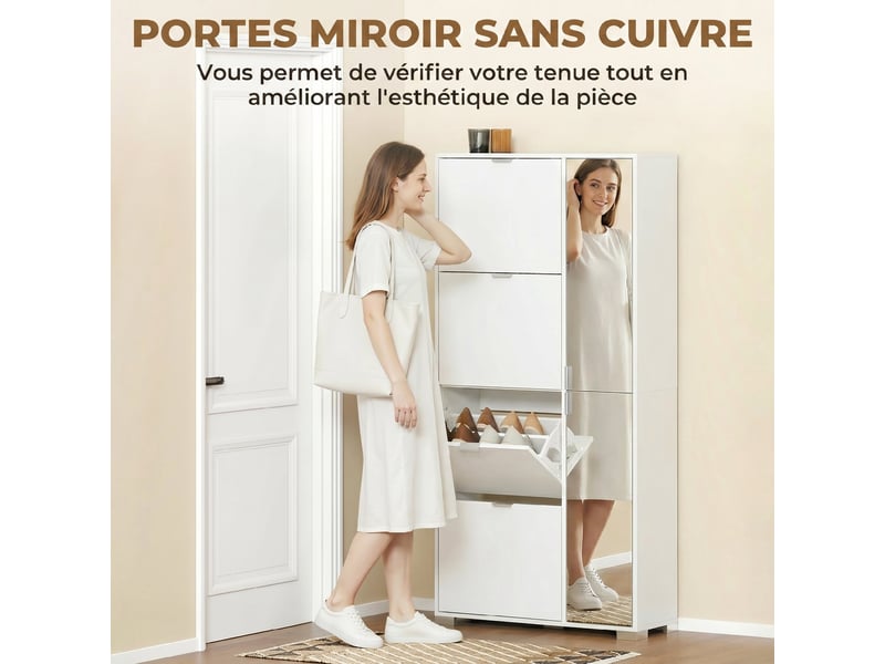  Meuble à chaussures 4 tiroirs 2 portes avec miroir blanc 82 x 30 x 168 cm  - Conforama D