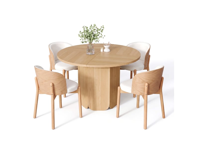  Ensemble table à manger ronde 120 x 120 cm + 4 chaises en bois massif de frêne et tissu lin, finition chêne naturel, pour salle à mange  - Conforama A