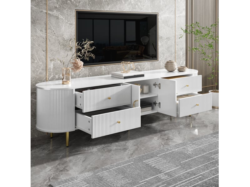 Meuble tv à 2 tiroirs et 2 portes avec étagère fixe et passe-câbles pour salon en mdf blanc - Conforama E
