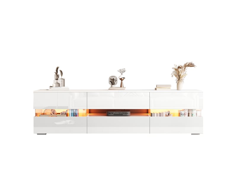  Meuble tv blanc brillant 160 x 39 x 45 cm avec led, 2 portes et 1 tiroir  - Conforama A