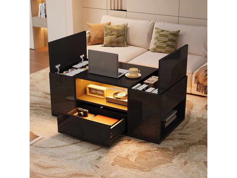  Table basse noire brillante avec led, table de salon avec rangements, 1 tiroir et 2 compartiments, 100x50x40 cm  - Conforama C