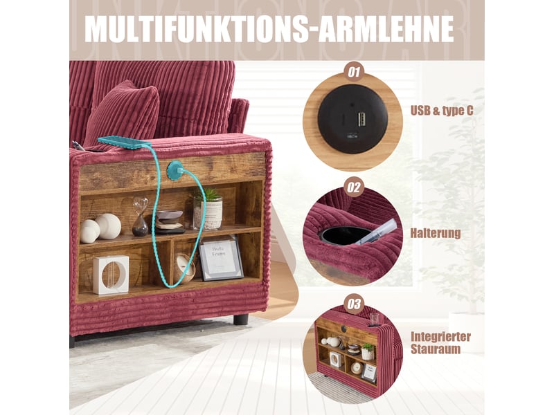  Canapé de salon, canapé velours – en velours tricoté, avec accoudoirs, port usb, avec rangement, lit gigogne, porte-gobelets  - Conforama W