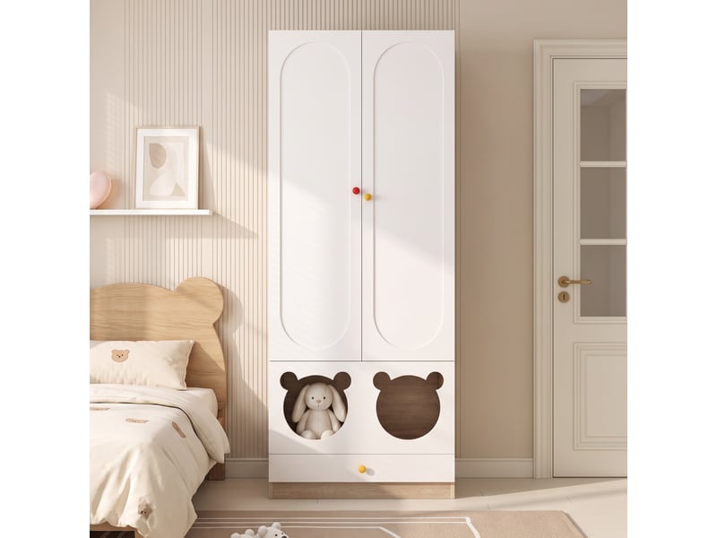  Armoire enfant 80x50x200cm, 2 portes motif ours à fermeture aimantée, penderie, étagères fixes, tiroir et ouvertures décoratives, blanc et naturel  - Conforama C