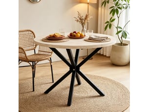 Table de salle à manger ronde pour 4 à 6 personnes avec piètement métallique croisé, noir et bois clair, ø 100 cm