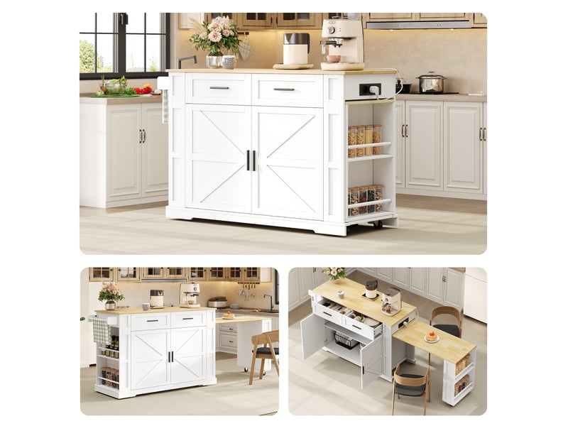  Desserte cuisine mobile 130x50x93 cm plan coulissant, prise usb, 2 tiroirs, mdf blanc et chêne, design moderne  - Conforama D