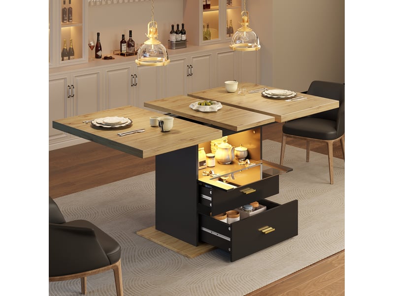  Table de salle à manger pour 6 personnes avec 2 tiroirs et plateau extensible, éclairage led, bois et noir  - Conforama B