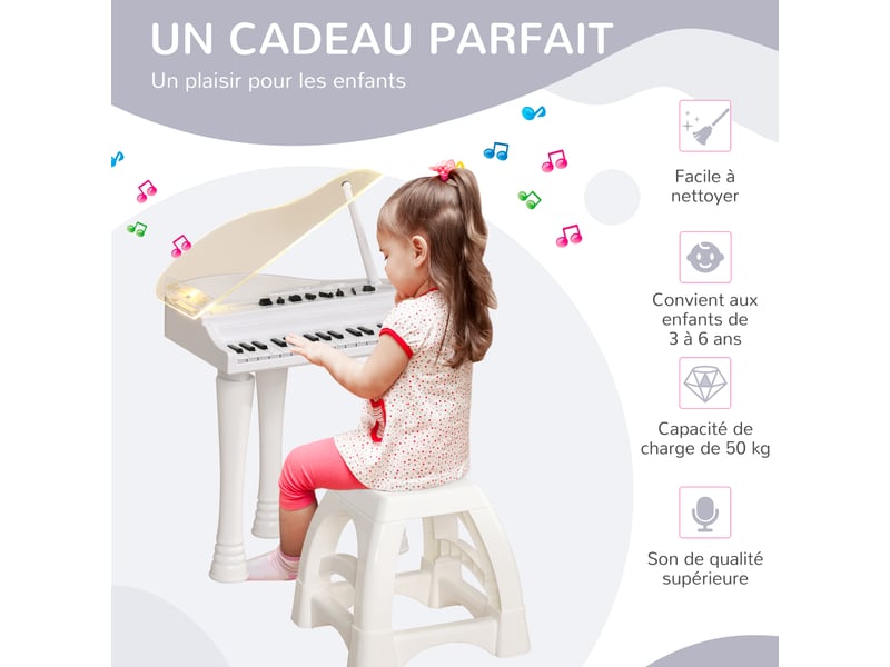  Piano enfant électronique 32 touches multifonctions avec micro haut parleur tabouret couvercle lumineux led blanc  - Conforama W