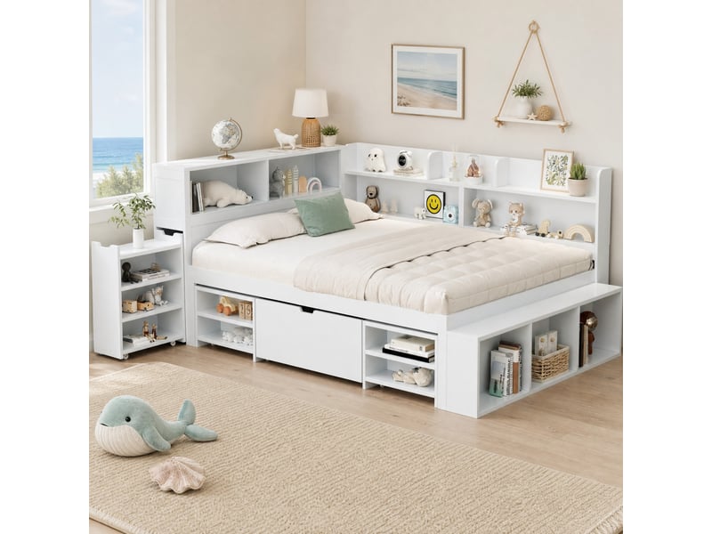  Lit enfant 140x190 cm avec tiroirs et étagères, sommier à lattes, blanc  - Conforama D