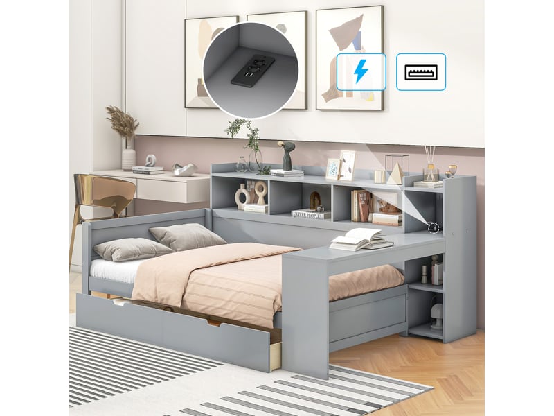  Lit banquette 90x200 gris avec bureau intégré, 2 tiroirs, port usb et prises - structure bois mdf  - Conforama D