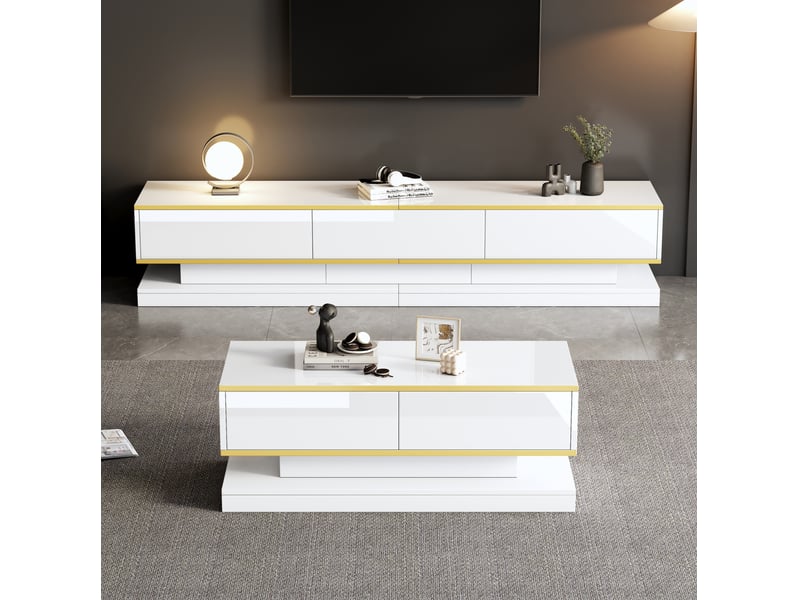  Lot de 2 : meuble tv et table basse blanc chaud brillant et doré  - Conforama B