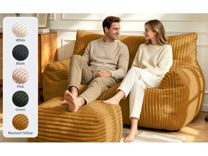  Fauteuil pouf double jaune avec repose-pieds, flanelle, 135 x 100 x 75 cm  - Conforama D