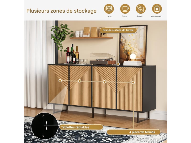  Buffet 4 portes en panneau de particules bois naturel et noir 160 x 40 x 75 cm  - Conforama D