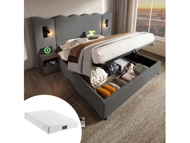 Lit coffre 160 × 200 cm 2 places avec lampe de lecture, usb et type-c, matelas inclus, en lin gris - Conforama B