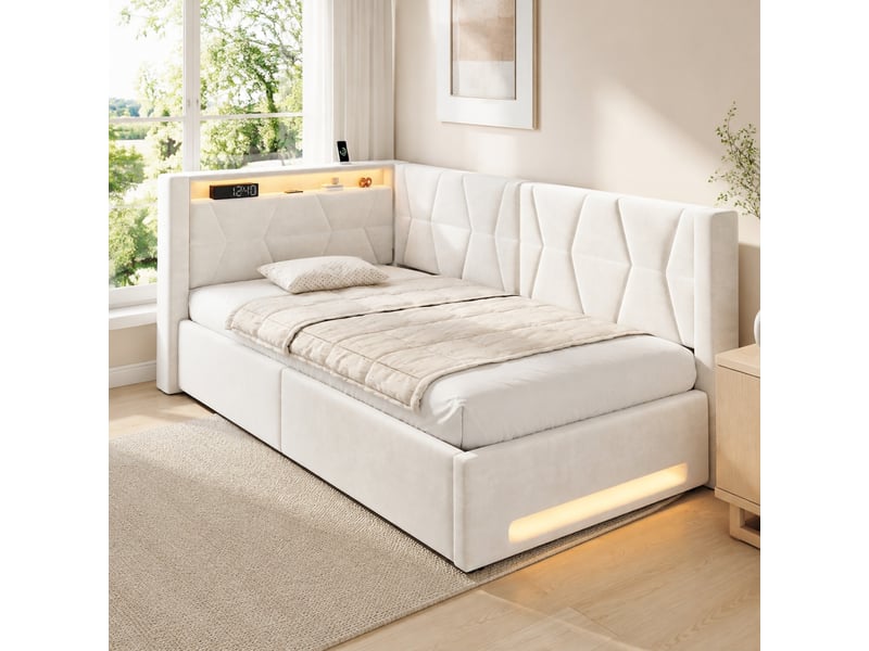  Lit coffre modenvie 90 x 200 cm en velours beige avec led, usb et type c, sommier à lattes  - Conforama E