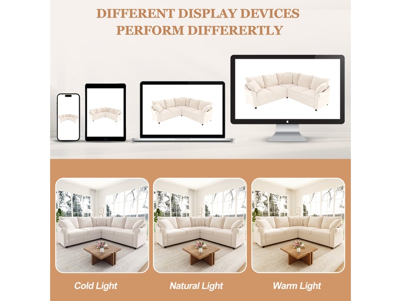 Canapé d'angle 5 places en forme de l 217x217x83 cm - avec 3 coussins décoratifs - tissu chenille - beige - Conforama R