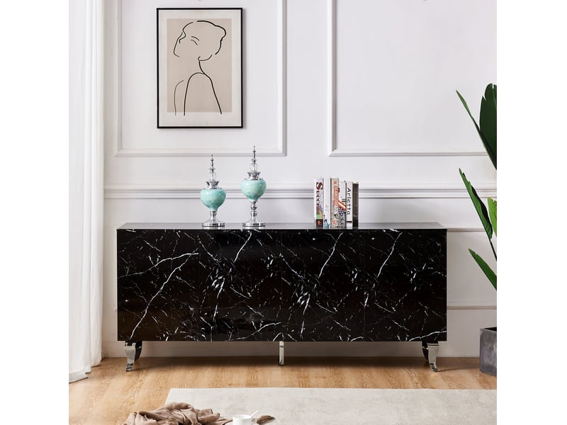 Buffet baroque – laqué marbre noir pieds chrome – 4 portes – 180x40x80 cm  - Conforama C