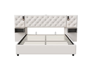 Lit double coffre - 140 x 200 cm - beige - velours, tête de lit capitonnée, éclairage led, tables de chevet intégrées et vérins hydrauliques
