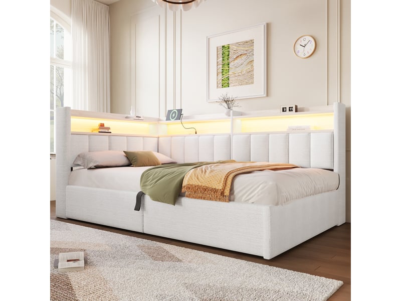  Lit banquette coffre 90 x 200 cm, rangement hydraulique, module latéral réversible, led et port usb, sans matelas, velours, blanc crème evarich - Conforama B