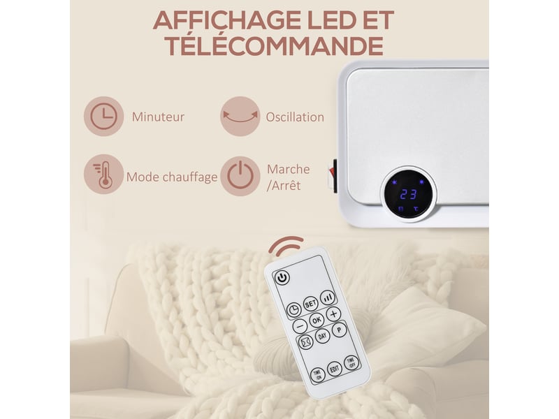  Radiateur mural soufflant oscillant 2000 w - chauffage céramique ptc - 3 niveaux de puissance - télécommande incluse blanc argenté  - Conforama E