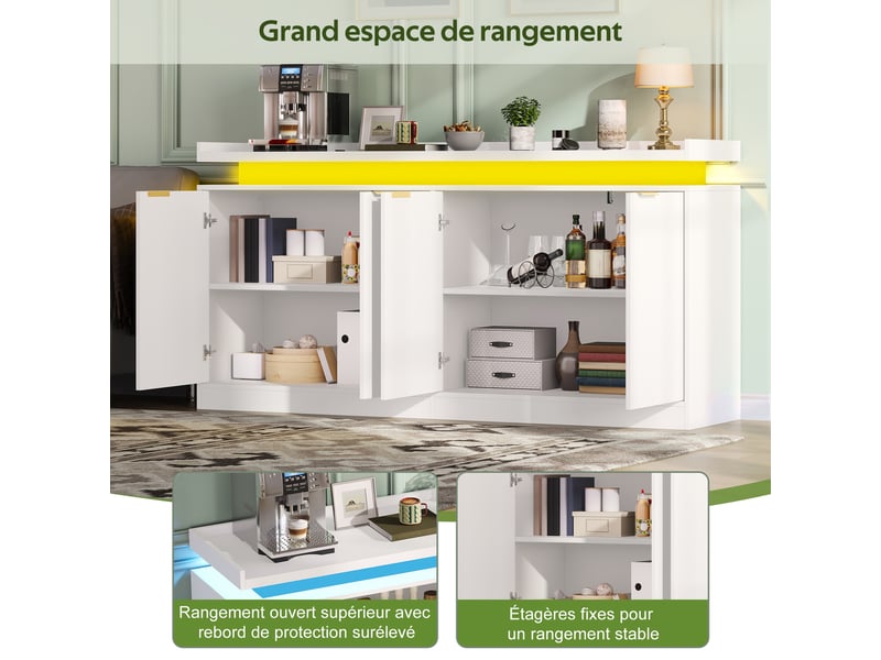  Buffet avec rangement ouvert et éclairage led rgb pour cuisine en mdf 160×39×83 cm blanc  - Conforama D