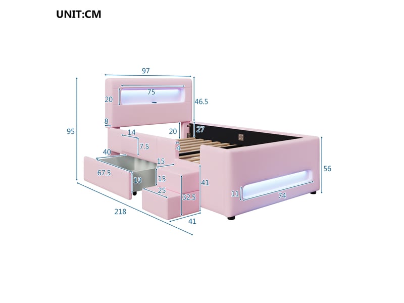  Lit enfant 90x200cm, escaliers, tiroirs, bandeaux led et espace de rangement, design confort, mdf, pu rose sans matelas  - Conforama C