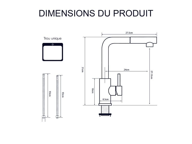  Robinet de cuisine - 27.5 x 31 cm gris - mitigeur monocommande extractible en acier inoxydable avec douchette 2 jets  - Conforama B