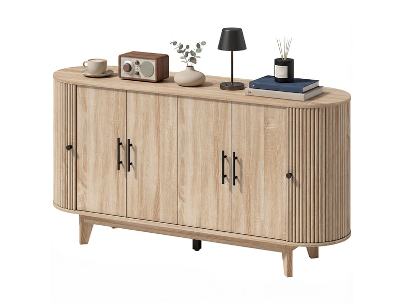 Buffet salon, meuble de rangement ovale avec 4 portes et 2 étagères réglables, 147x40x76cm, chêne - Conforama B