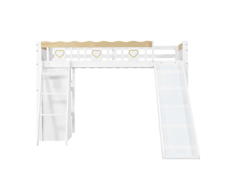  Lit mezzanine enfant 90x200 cm, toboggan, armoire et meuble de rangement, structure mdf, blanc et naturel, sans matelas  - Conforama E