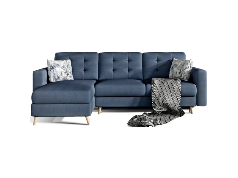  Canapé d'angle convertible hasgard 3 places bleu foncé 248x162 cm – coffre et pieds bois  - Conforama E