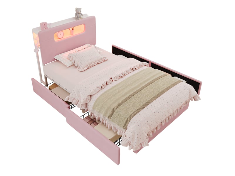 Lit enfant 90 x 200 cm rose en velours, 4 tiroirs latéraux, tête de lit led contrôlée par application - Conforama A