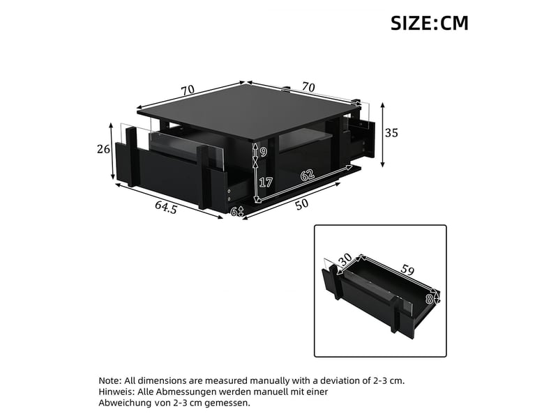 Table basse haute brillance 70x70x35 cm 2 tiroirs éclairage led cloison acrylique petits espaces noire - Conforama C