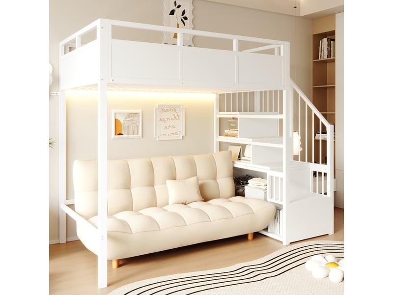  Lit mezzanine enfant 90 x 200 cm avec échelle de rangement réversible, garde-corps haut, led, structure en métal et panneaux bois, blanc  - Conforama B