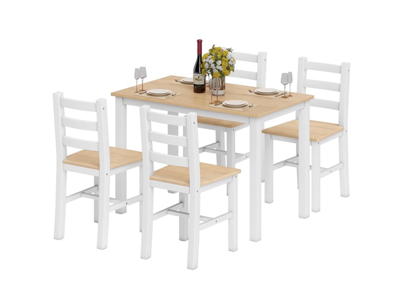  Ensemble de salle à manger 5 pièces pour 4 personnes, table et chaises de style champêtre en bois massif, naturelblanc  - Conforama B