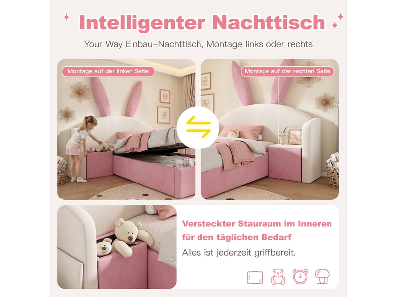  Lit enfant 90x190 cm avec rangement - lit coffre hydraulique - tête de lit oreilles de lapin - table de chevet - velours - rose  - Conforama R